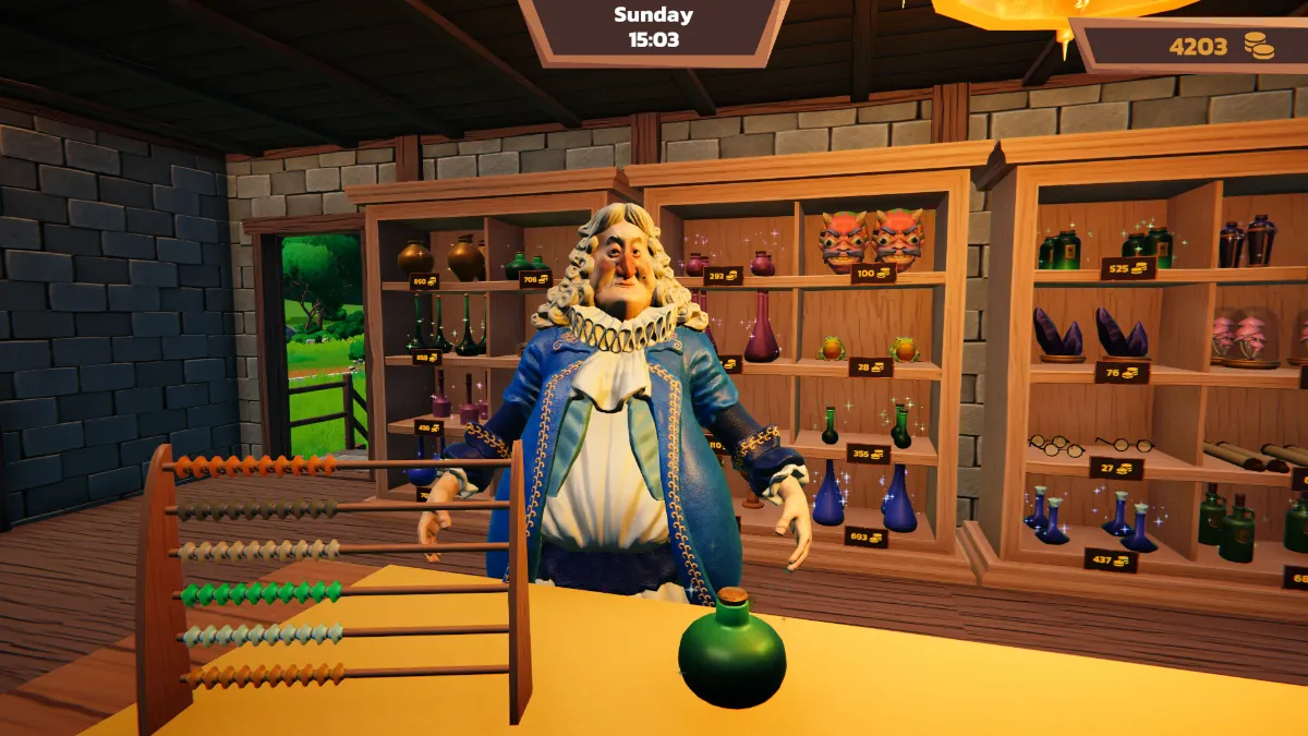 Alchemist Shop Simulator displaying a fantasy potion store with shelves of magical products and crafting supplies.