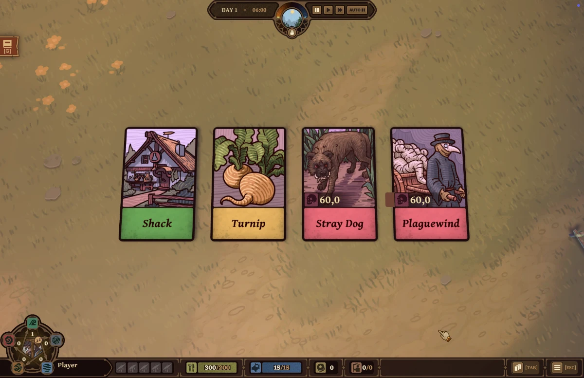 A screenshot from the Ways of Alchemy gameplay with cards, UI, and HUD.