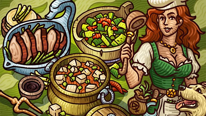 Stylized promo image showcasing additional cooking mechanics in Ways of Alchemy. 