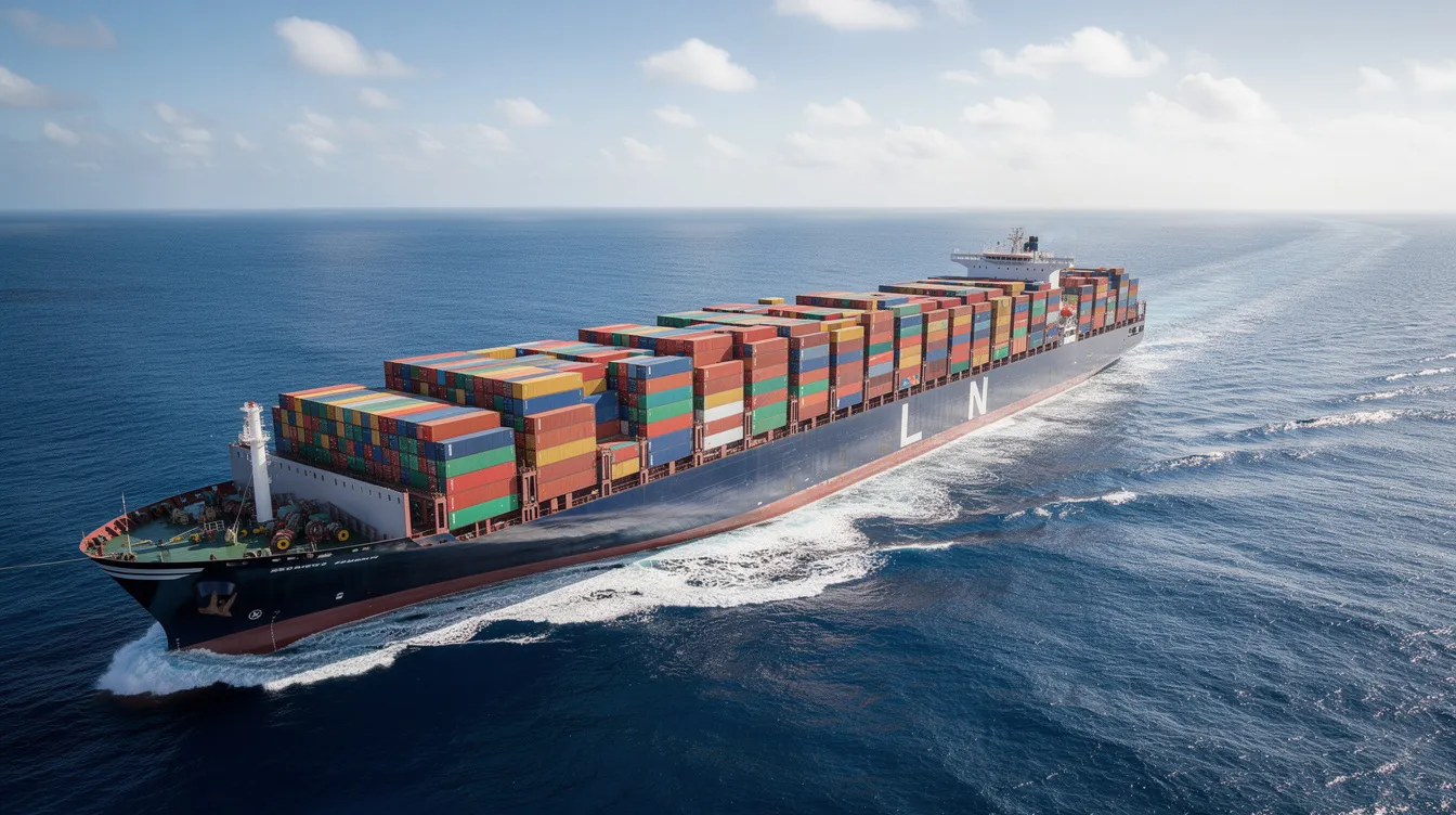 A large cargo ship is navigating through the ocean, heavily loaded with vibrant shipping containers of various colors. This scene reflects the importance of inventory financing for e-commerce businesses, as they manage cash flow and operational costs while ensuring timely delivery of goods.