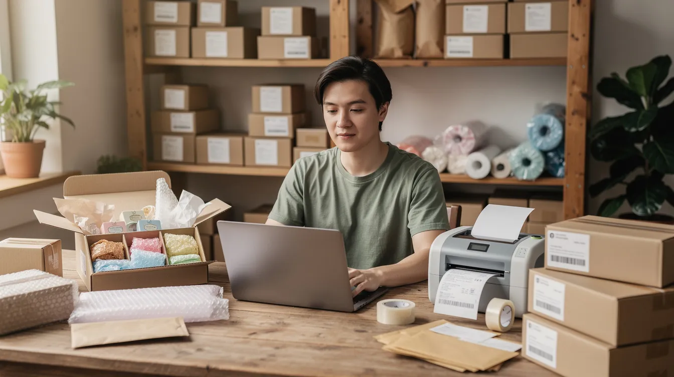 A person is focused on a laptop in a small business workspace, surrounded by product boxes and packaging materials, highlighting the hustle of managing cash flow and financing inventory purchases for their e-commerce business. This scene reflects the operational efforts required to cover costs and maintain inventory for future sales.