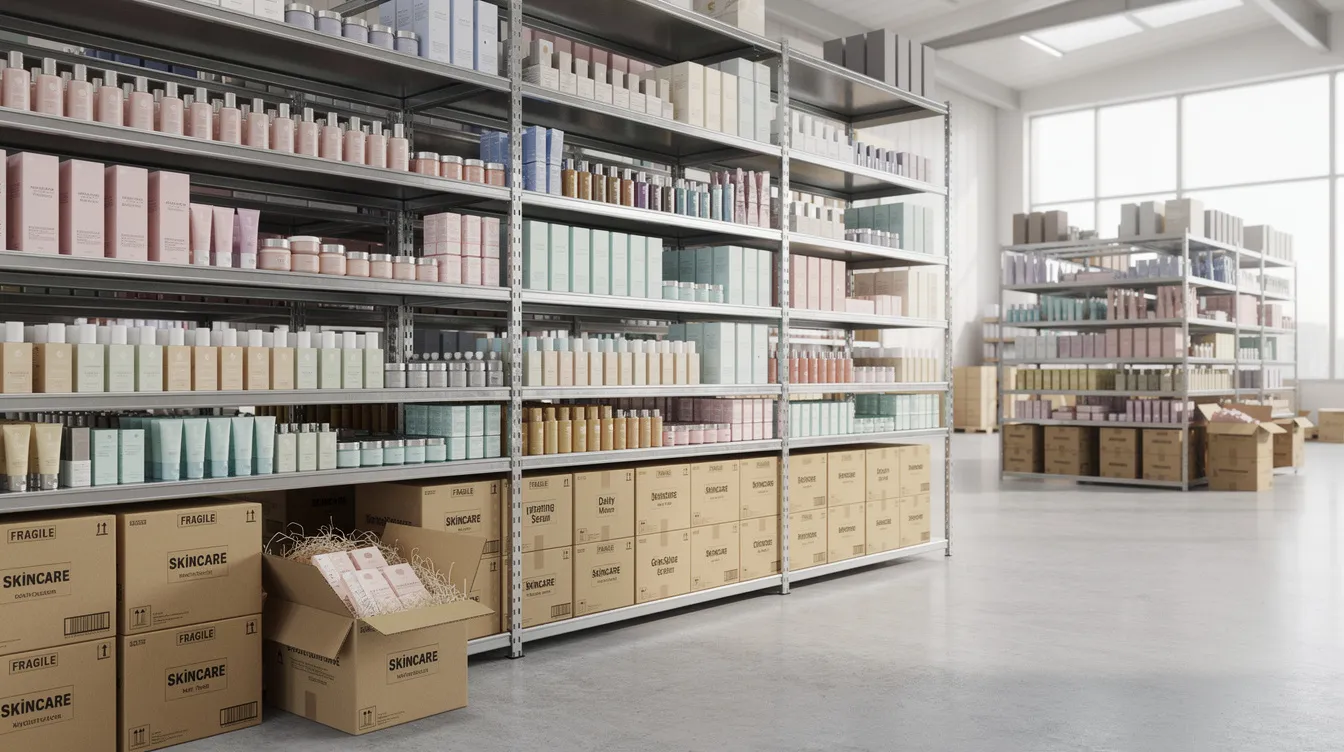 The image shows neatly organized skincare products displayed on warehouse shelves, ready for shipping to ecommerce businesses. This setup highlights the importance of inventory management and cash flow in supporting growth and meeting customer demand.