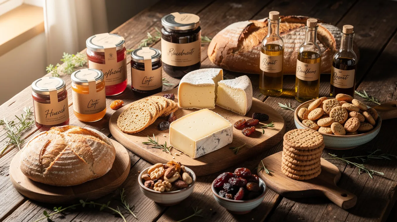 The image features a vibrant array of artisan food products beautifully arranged on a rustic wooden table, illuminated by natural light. This visually appealing display highlights the importance of maintaining inventory for e-commerce businesses, showcasing how diverse offerings can enhance cash flow and attract customer demand.