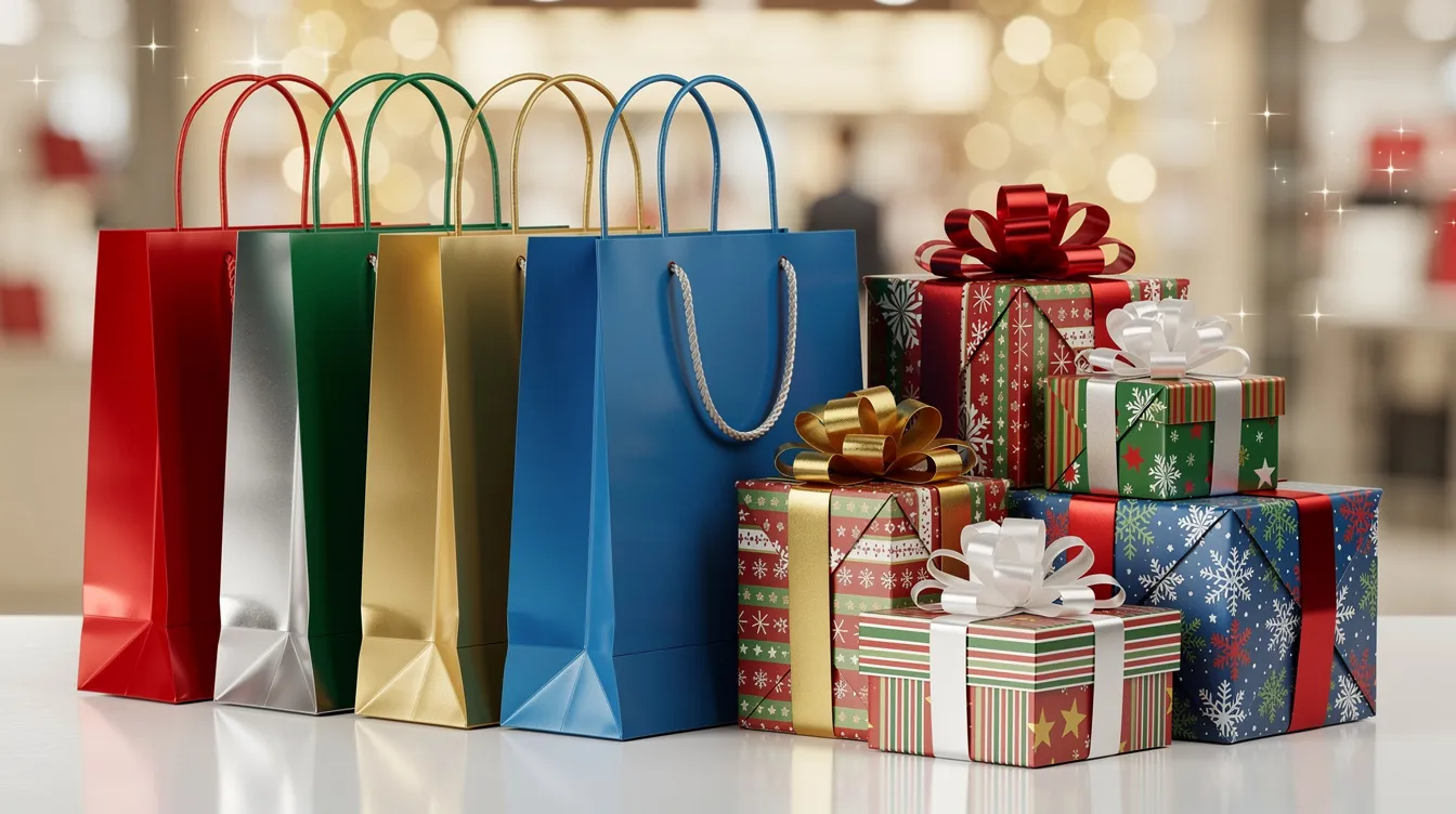 The image features a vibrant assortment of shopping bags and gift boxes, symbolizing the festive holiday retail season. This lively display represents the importance of effective inventory financing and managing cash flow for e-commerce businesses during peak shopping times.