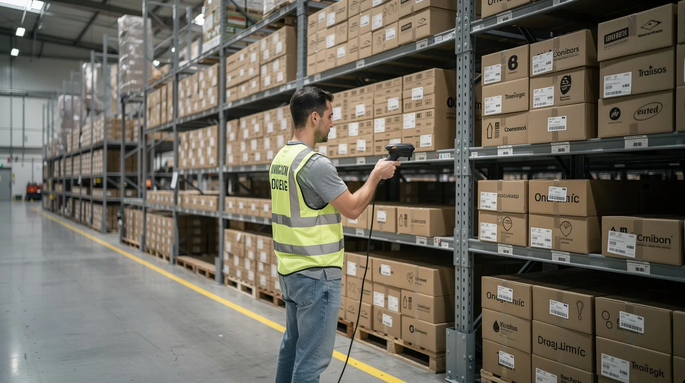 A warehouse worker scanning boxes of ecommerce products stacked on metal shelving.