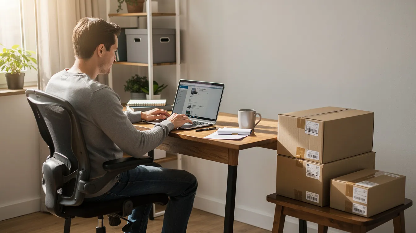 An ecommerce founder working at a laptop with shipping boxes stacked nearby.