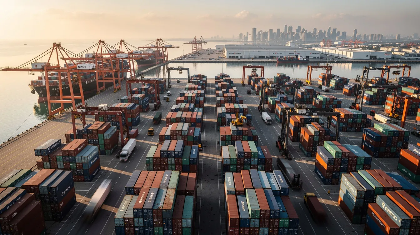 A busy port with stacked shipping containers, representing inventory moving through the supply chain.