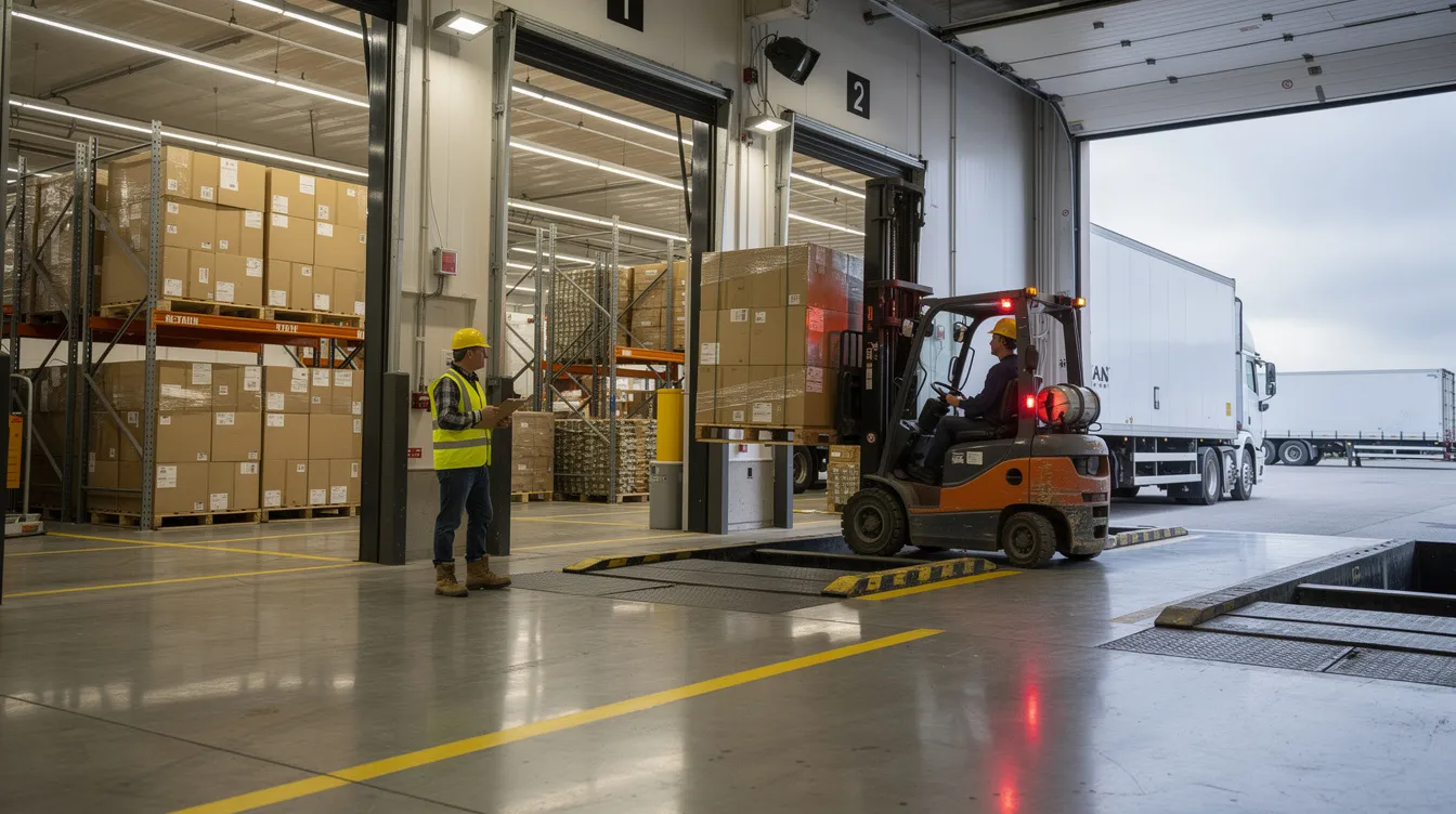 Pallets being loaded onto a truck at a shipping dock