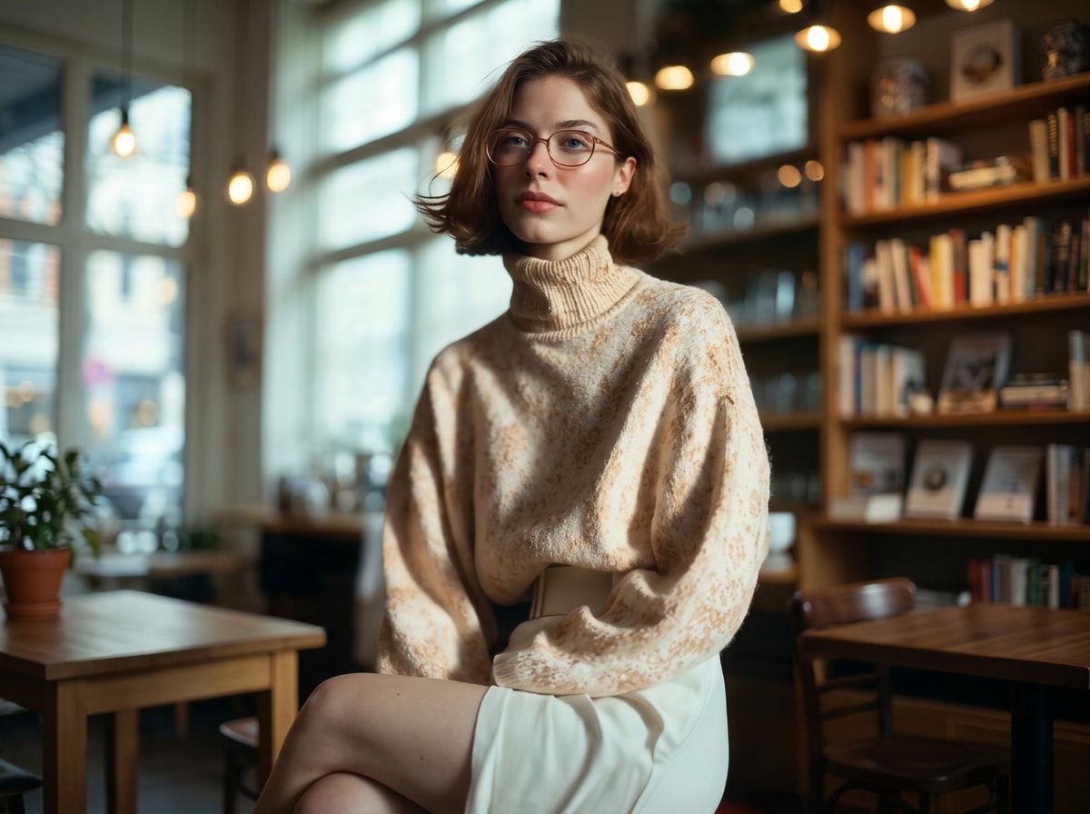 A woman wearing glasses is seated in a chair, facing a bookcase filled with various books.