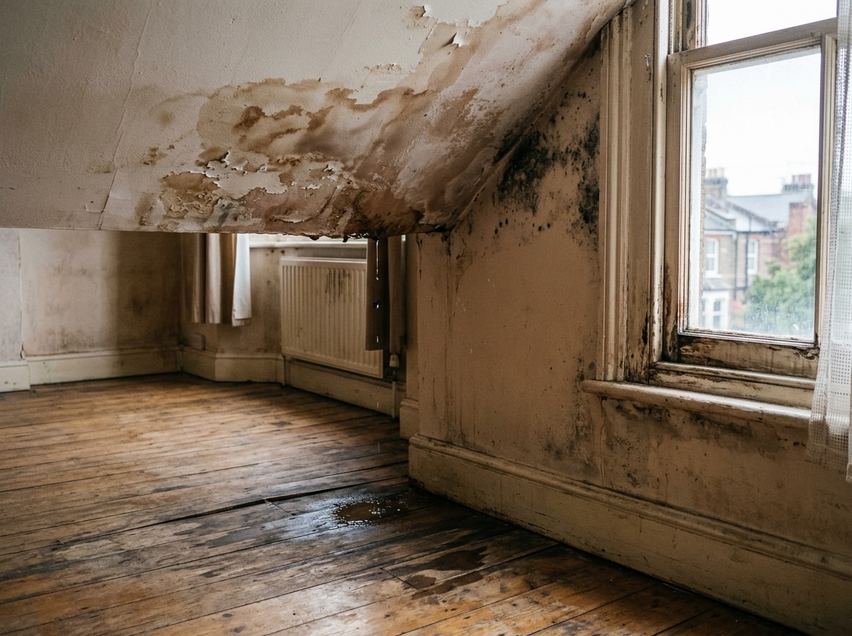 A room with moldy walls and a single window, highlighting the deteriorating condition of the space. 