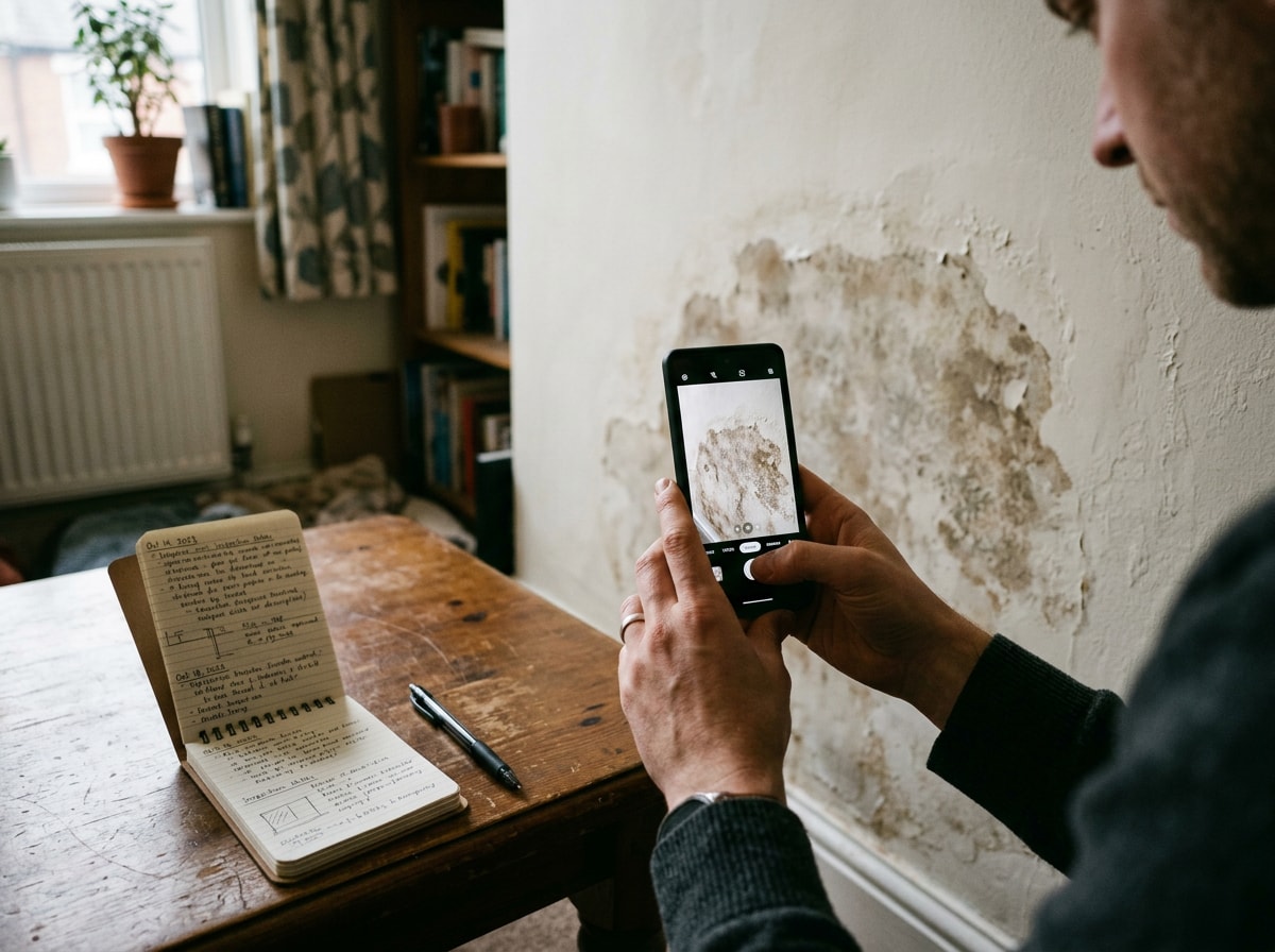 A man photographing a mouldy wall in his home, highlighting the damage and potential health concerns.