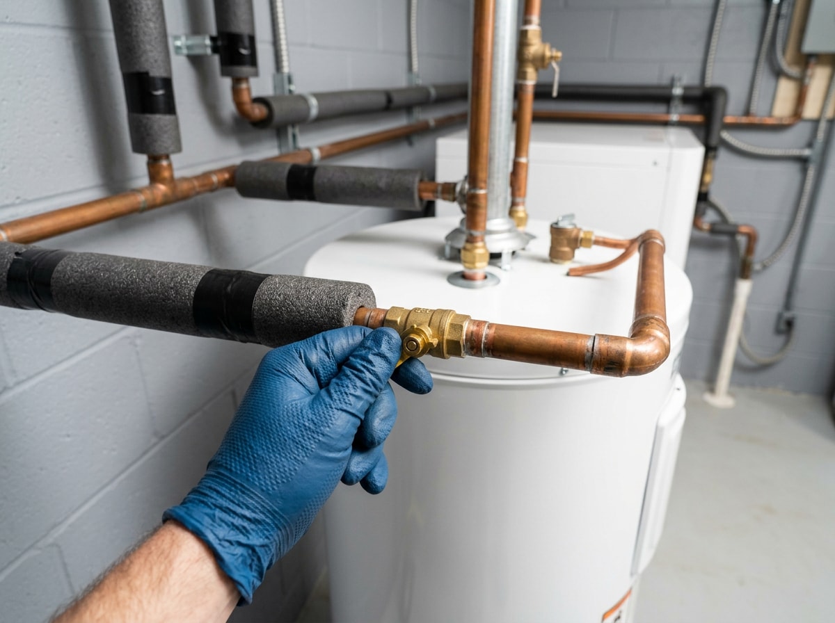 Close-up of a gloved hand turning a shutoff valve next to a tank water heater with copper supply lines and foam insulation wrapped around exposed pipes in a clean basement.