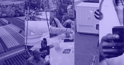 A photo collage of an aerial view of a solar farm, a crowd of people at Philadelphia's National Coming Out Parade, two people sewing, a PFAS destruction unit named 'Eleanor', and a medical professional holding their phone