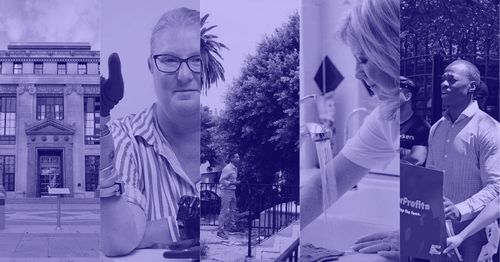 A photo collage of a building, a close-up of a woman wearing a bionic arm, a man in a garden, a woman in front of a faucet, and a man holding a sign