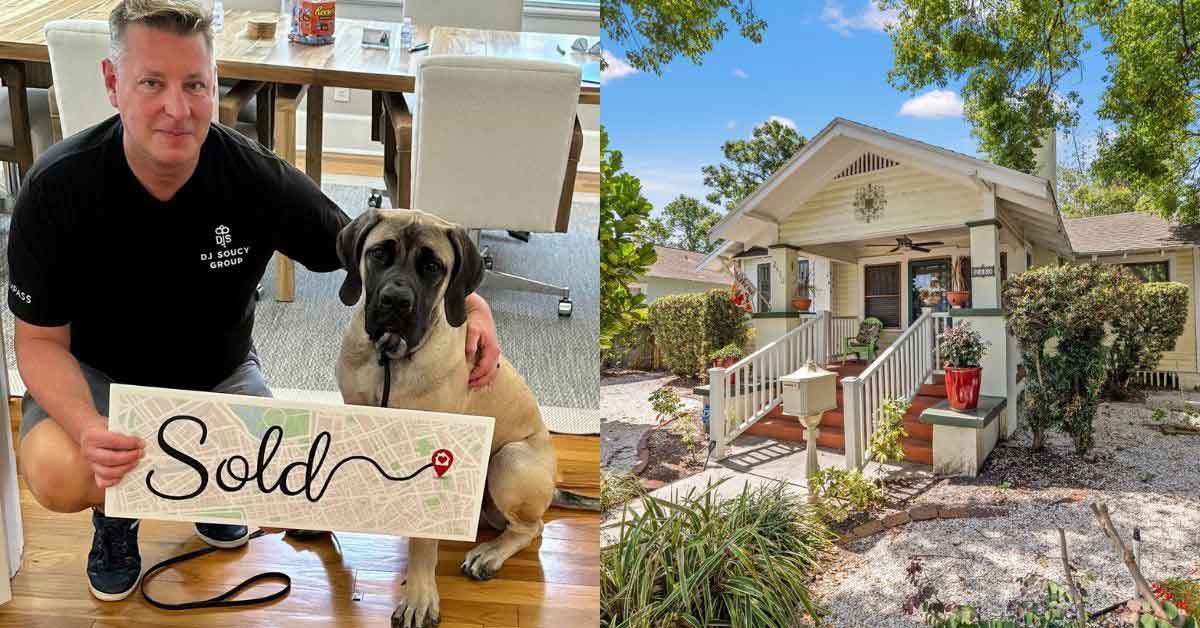 Two photos side by side. On the left is a man and a large boxer holding a sign that reads "sold." On the left is a beautiful home in Florida