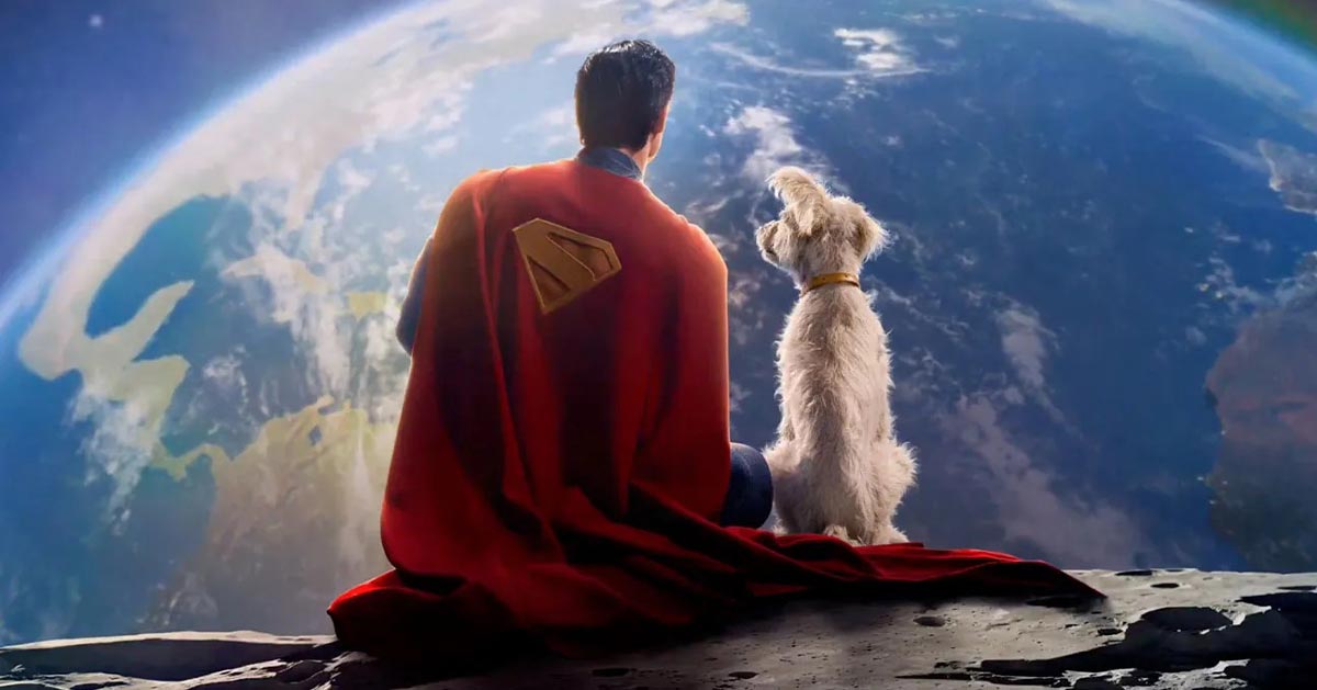 A still from the 2025 film 'Superman,' showing superman and his dog, Krypto looking out at planet Earth
