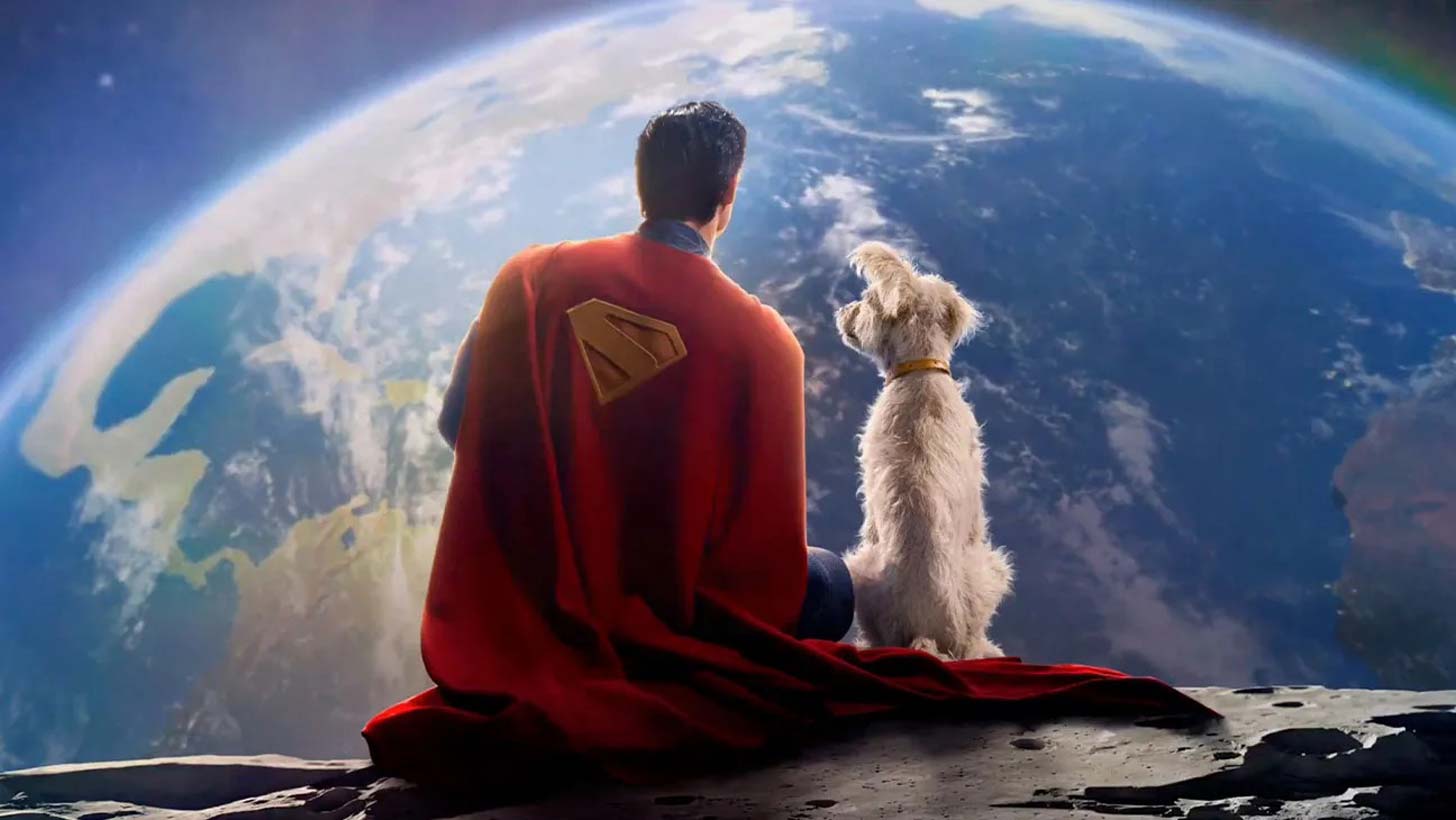 A still from the 2025 film 'Superman,' showing superman and his dog, Krypto looking out at planet Earth