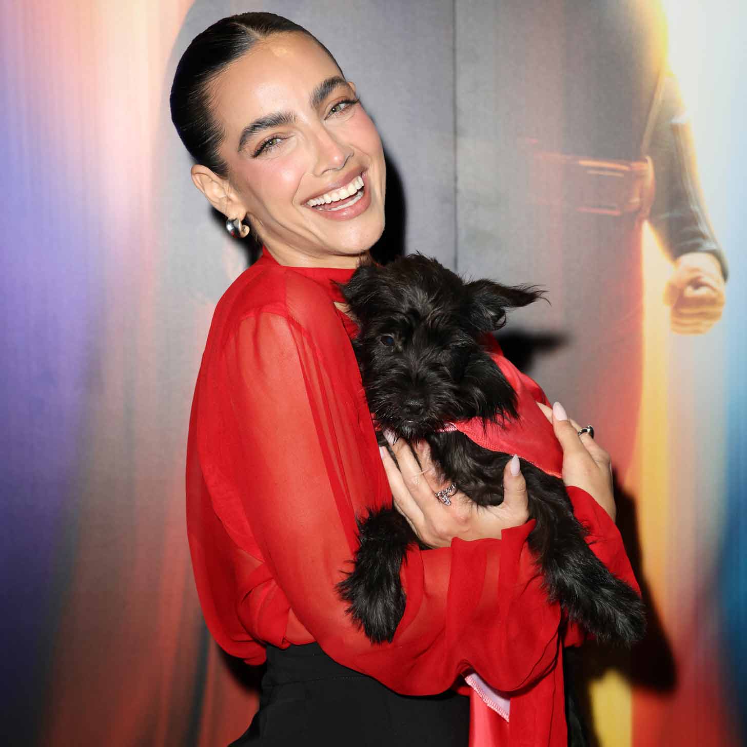 Maria Gabriele de Faria holds a small, black dog at a red carpet event for Superman