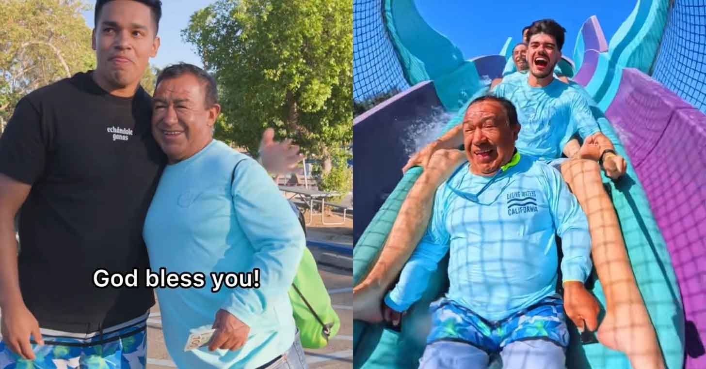 Two screenshots of a video shared by Juixxe on TikTok. On the left, a young man puts his arm around an holder gentleman who says "God bless you!" on the right, an older man sits with a younger man in an inner tube going down a waterslide, smiling.