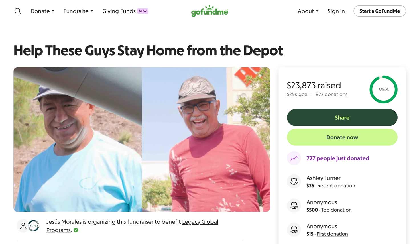 A screenshot of a GoFundMe called "help these guys stay home from the Depot" with $23,873 raised, out of a $25,000 goal.