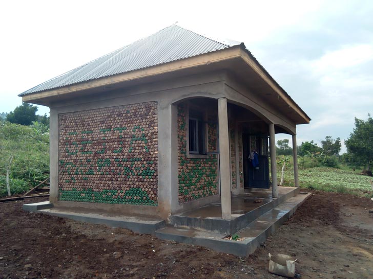 A square building made of plastic bottles in Uganda