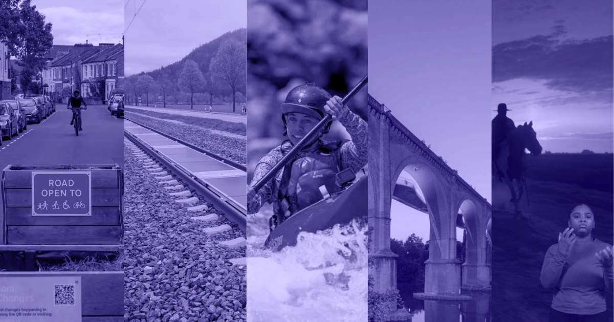 A photo collage of a bicycle's basket with a sign that says 'Road Open To' and various traffic icons below it, the first ever solar-powered railway tracks, a kid kayaking in a river, a tall bridge, and a screenshot from the movie 'Sinners' while a woman does Black American Sign Language on the bottom right of the screen