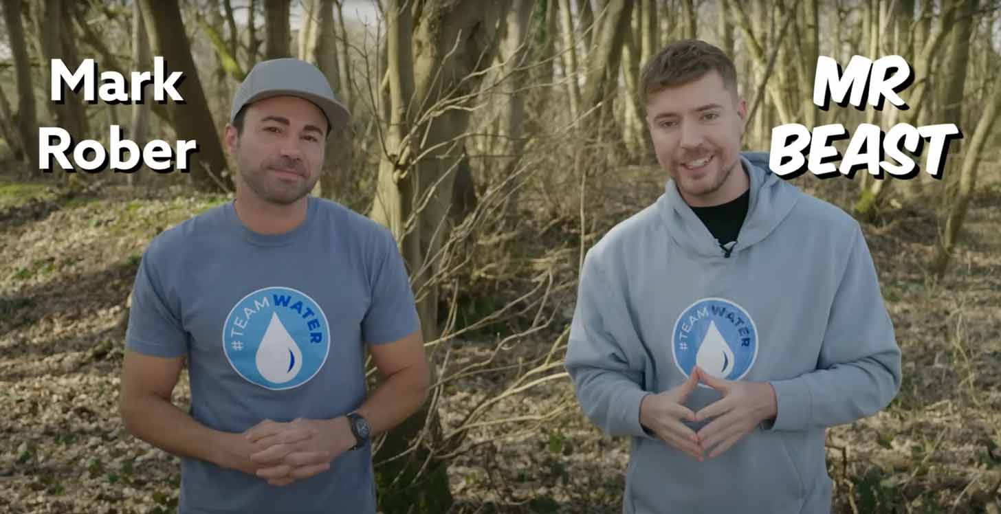 A screenshot of a Youtube video featuring Mark Rober and MrBest, both wearing gray shirts that read #TeamWater
