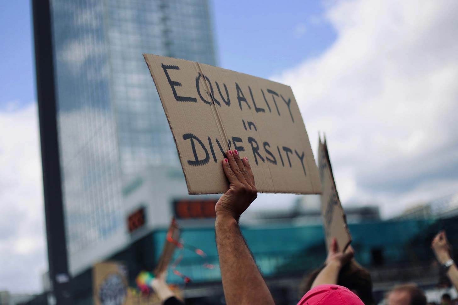 A person holds up a cardboard sign at a protest that reads "equality in diversity"