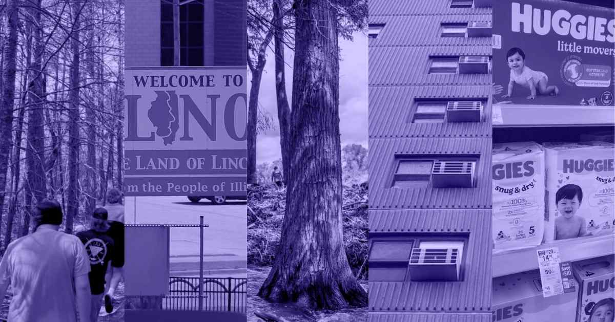 A photo collage of people walking through a forest, a 'Welcome to Illinois' signage, a big tree, a column of windows with air conditioners, and multiple packages of Huggies displayed on a grocery shelf