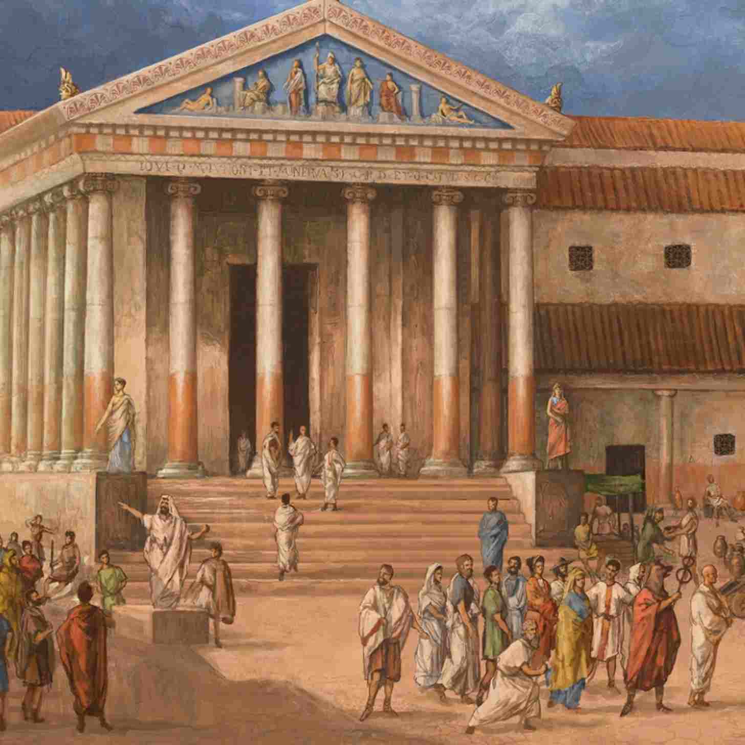 An illustration of a square of people milling about in front of a building in Ancient Rome