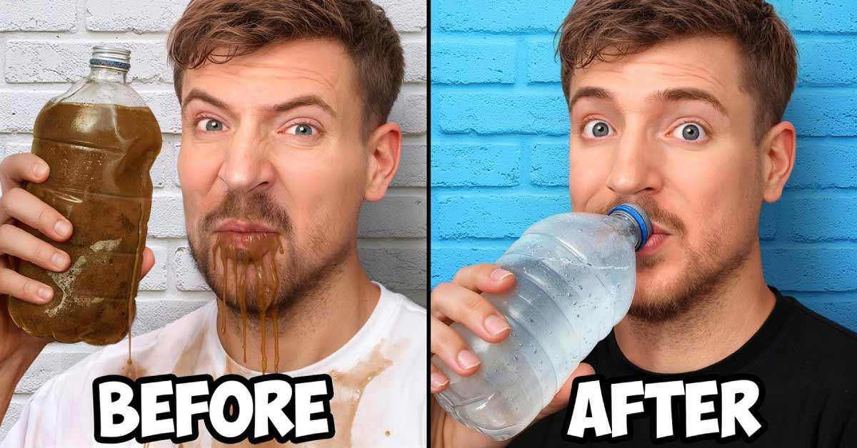 A thumbnail image of MrBeast drinking a glass of dirty water, next to him drinking from a bottle of clean water