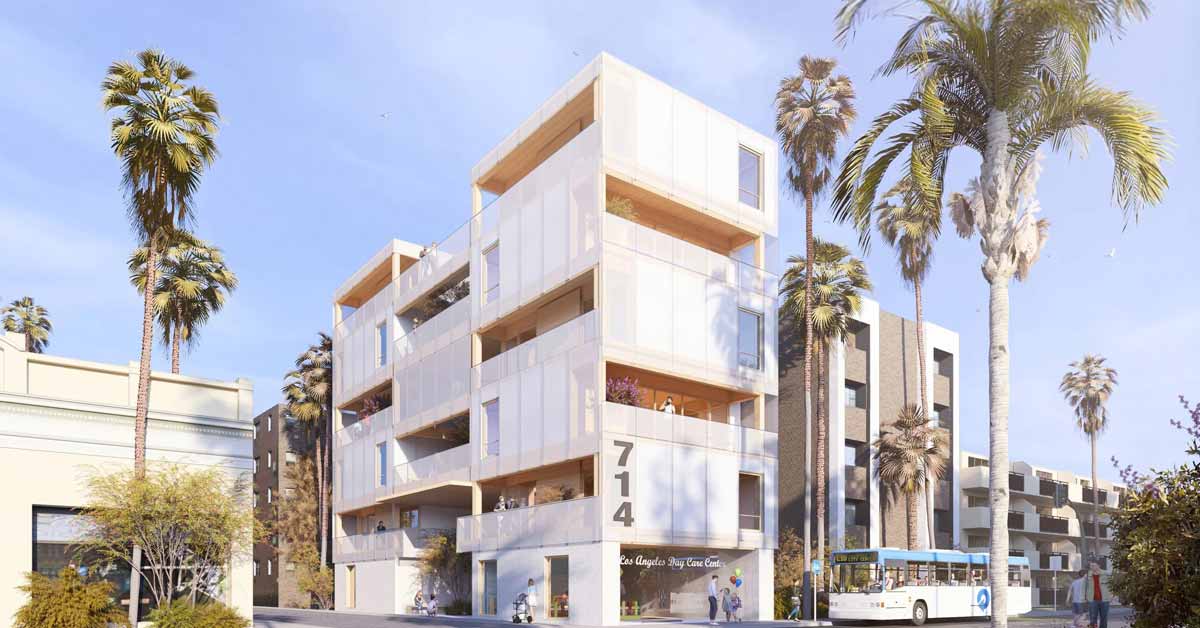 A mockup of the Common Grounds apartment building in LA
