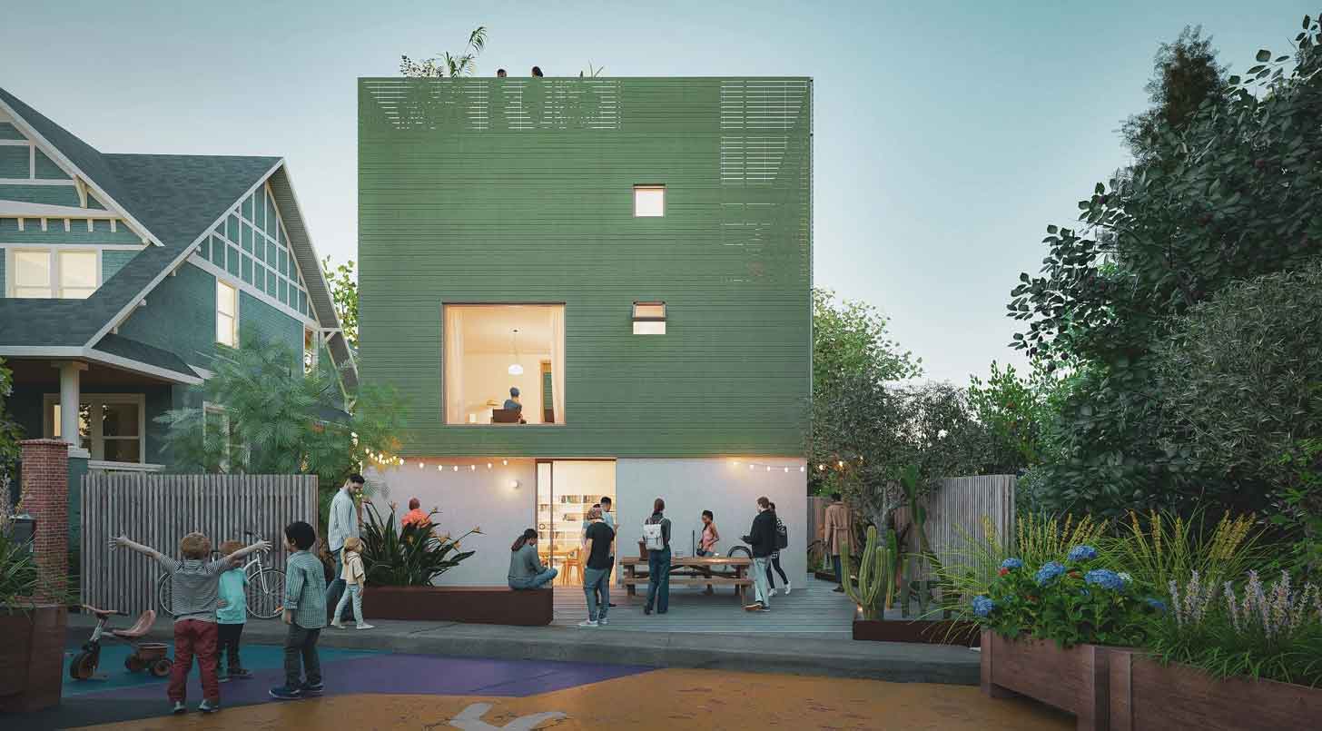 A mockup of a green building called Shared Steps