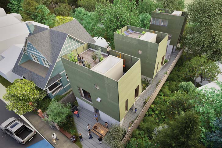 An aerial mockup of three green buildings in a neighborhood