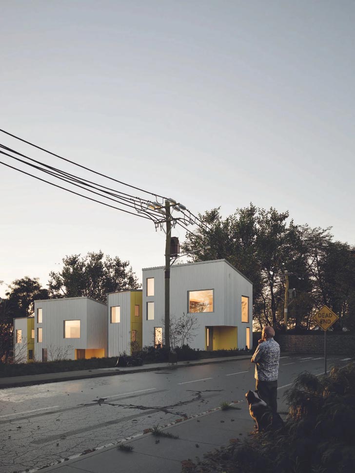 A mockup of a white and yellow home in a dreary street in Los Angeles