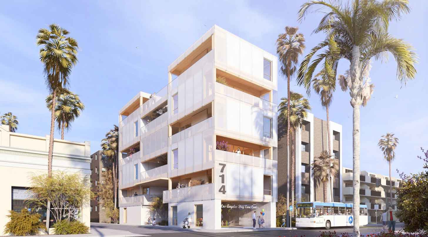 A mockup of the Common Grounds apartment building in LA