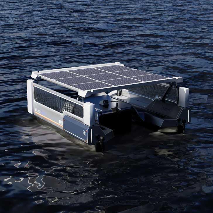 A solar panel sits on a floating device in the water