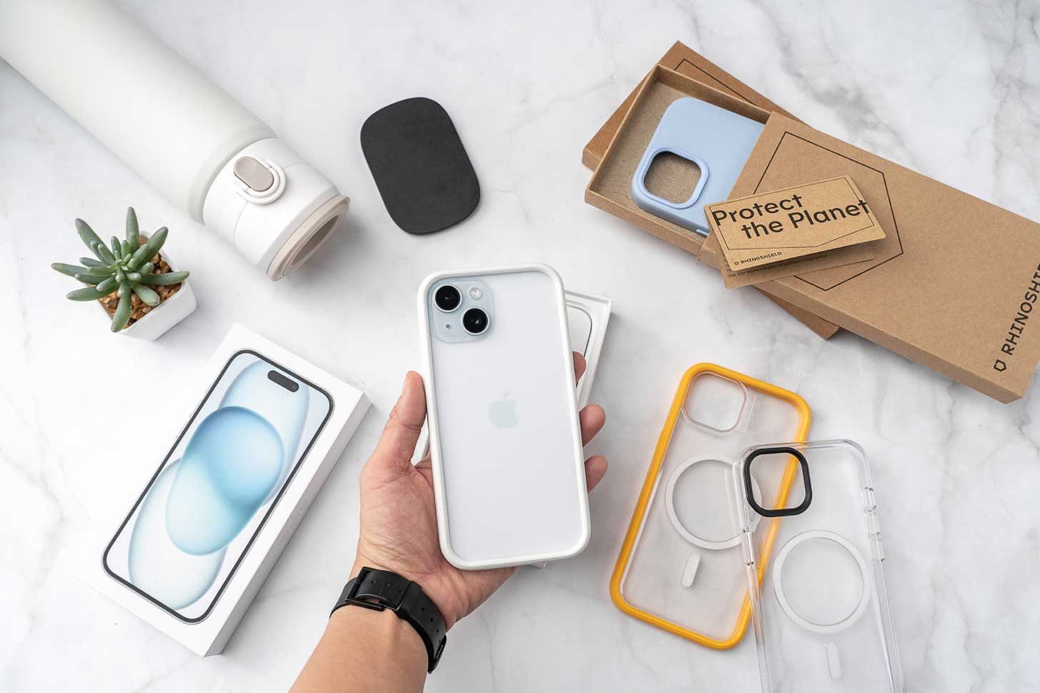 A flat-lay of phone cases made by Rhinoshield