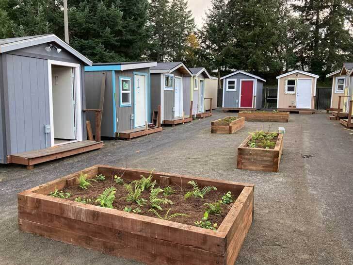 a cul-de-sac of tiny homes in a lot, with trees rising in the background. A garden bed is in the forefront.