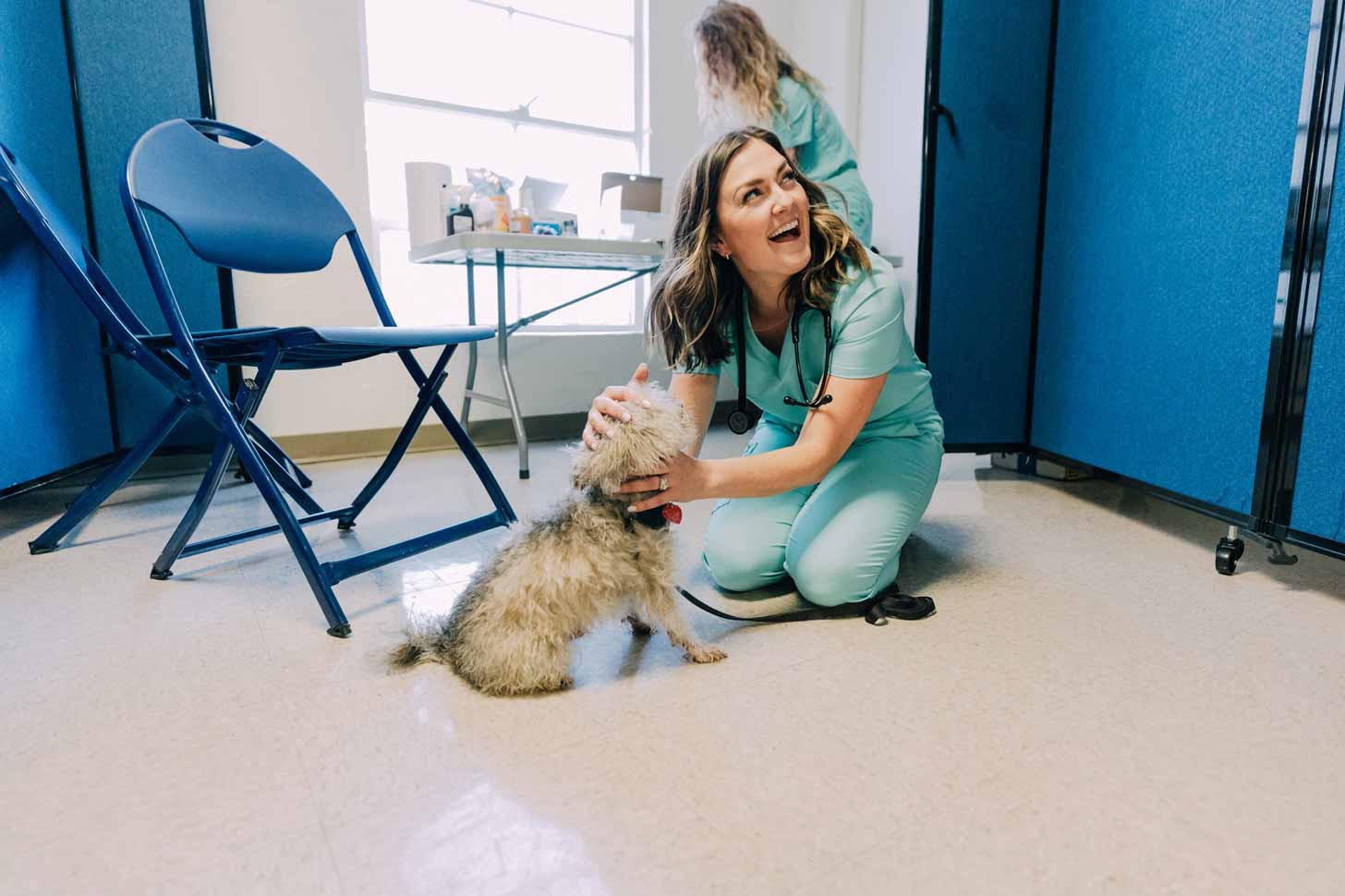 Veterinarian Dr. Molly Brinkmann takes care of a small, scruffy dog