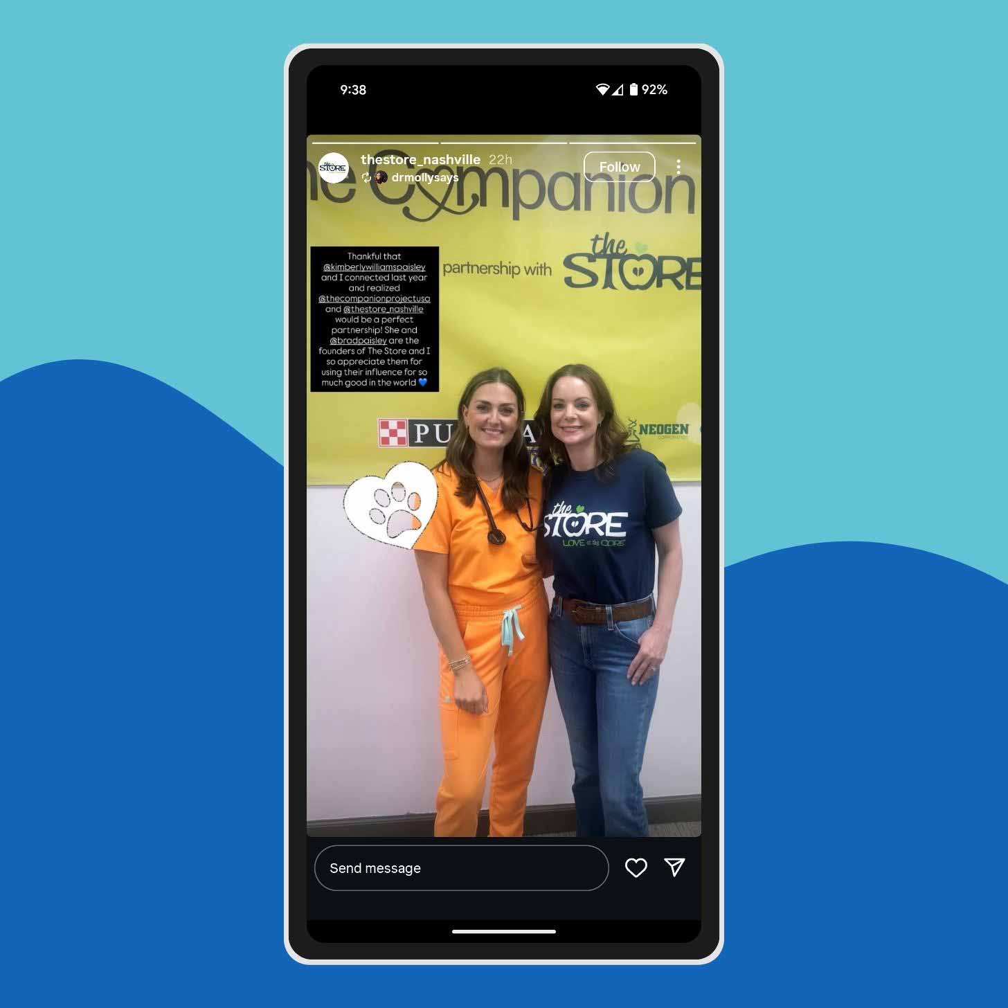 A screenshot of an Instagram story featuring a veterinarian named Molly Brinkmann and Kimberly Williams-Paisley