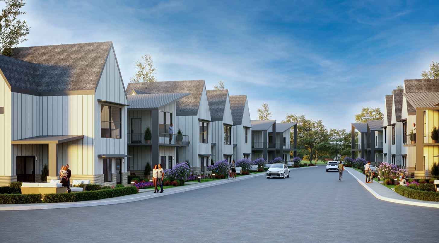 A mockup of an affordable housing neighborhood under a blue, picturesque sky