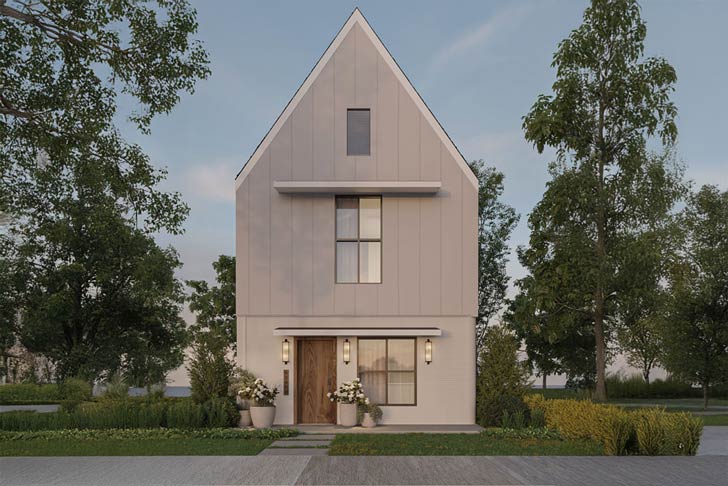 A mockup of a 3D-printed home surrounded by trees in Houston, Texas