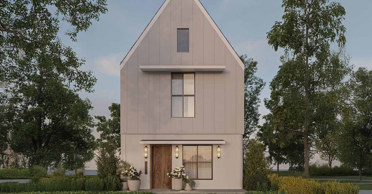 A mockup of a 3D-printed house surrounded by trees in Houston