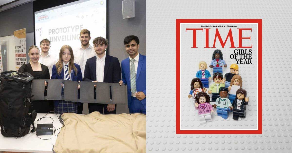 Six people stand around a solar powered blanket invention on a table. In the center is 12-year-old Rebecca Young, who designed the item. On the right is a cover of TIME Magazine featuring 9 diverse LEGO figures.