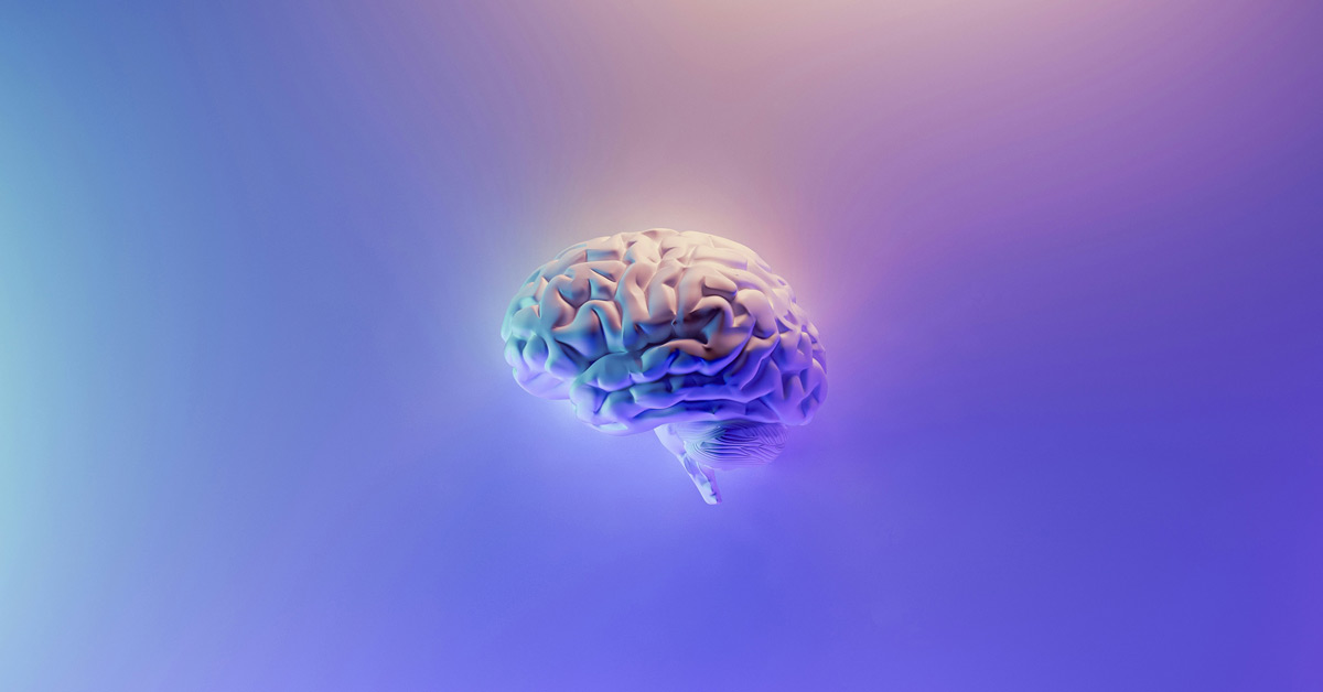 a 3D digital rendering of a brain on a purple gradient background