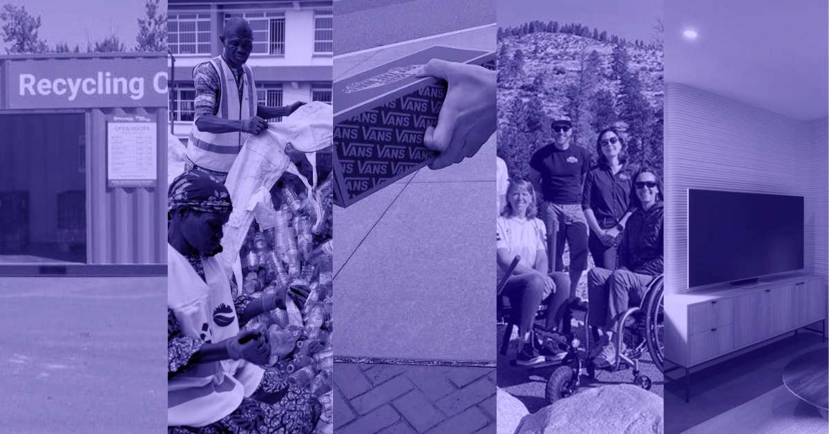 A photo collage of a recycling center, two men sorting through trash, a hand holding a box of Vans, four people posing for a photo, and a TV on a TV console inside a living room