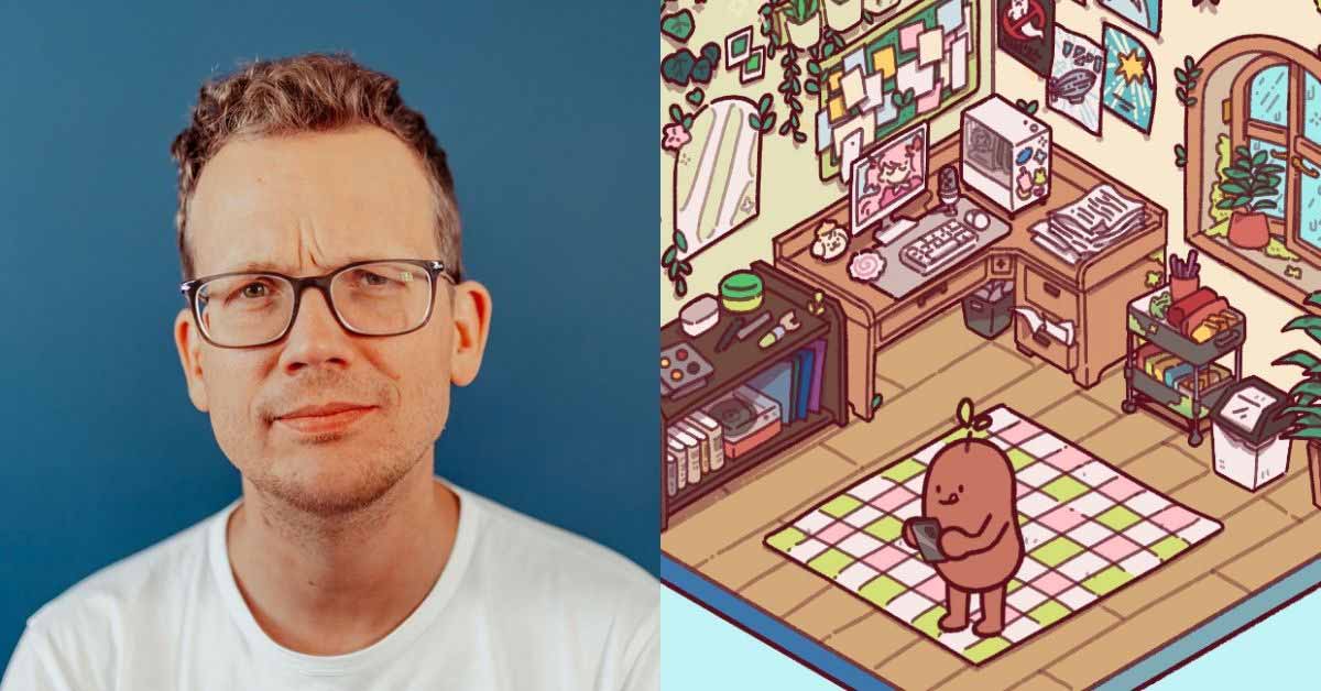 Two photos side-by-side. On the left, Hank Green poses against a blue background. On the right is a screenshot of the "Focus Friend" app, where an illustrated bean holds a phone in a brightly decorated room