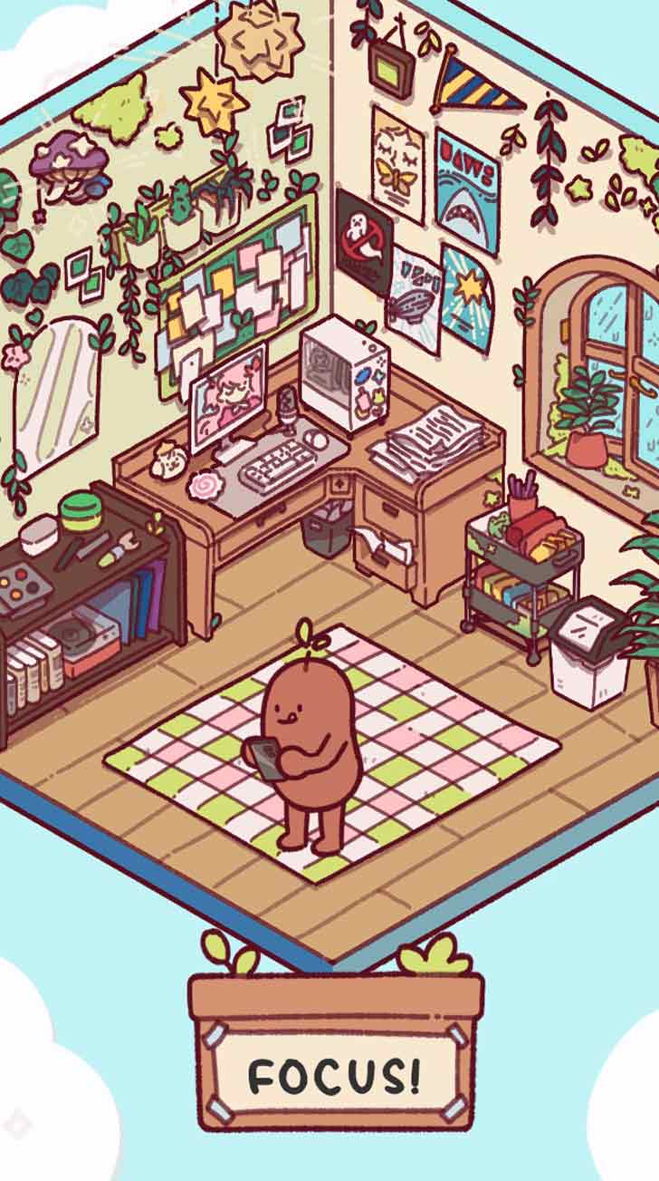 a screenshot of the "Focus Friend" app, where an illustrated bean holds a phone