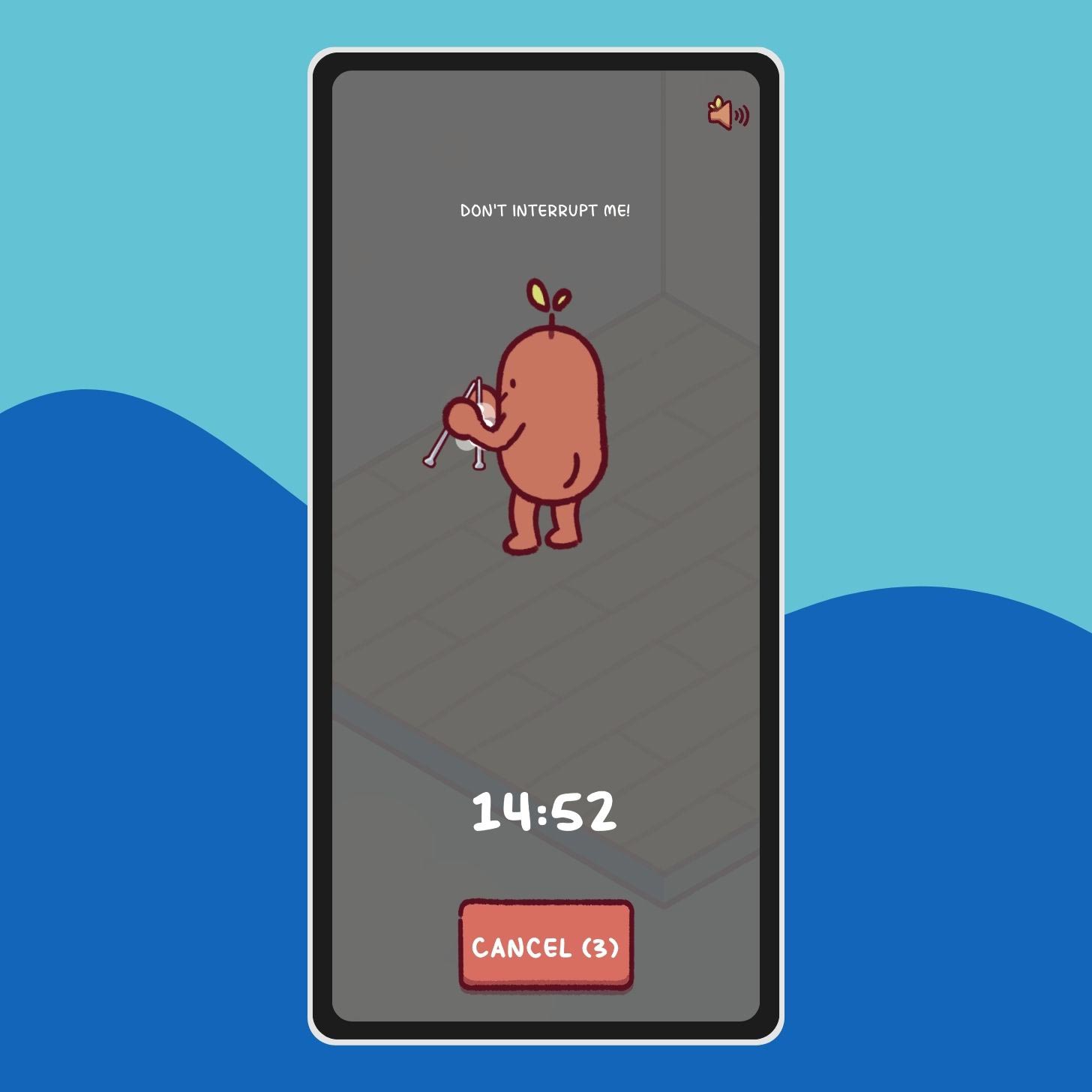 A screenshot of an app where an illustration of a bean knits with the text: "Don't interrupt me!" 